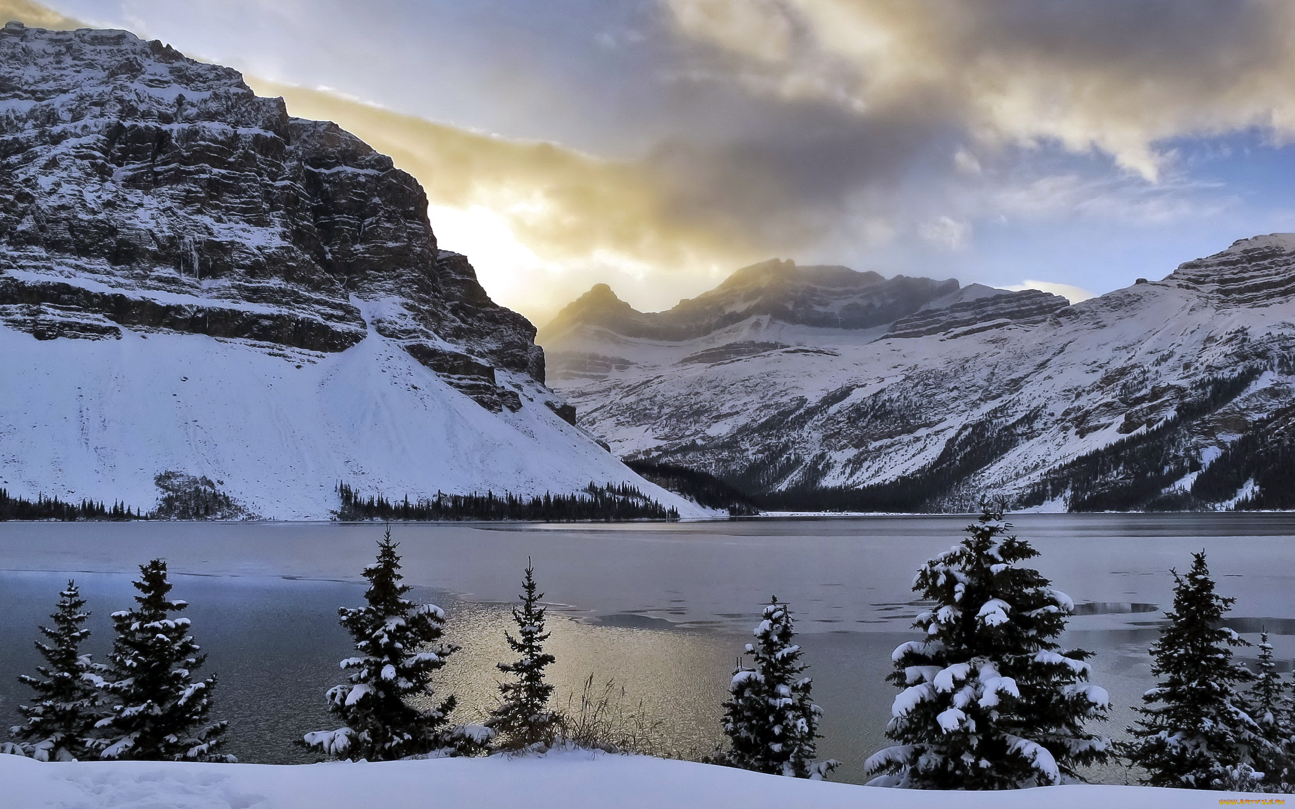 , , , bow, lake, mountains, snow, light, clouds, trees, alberta